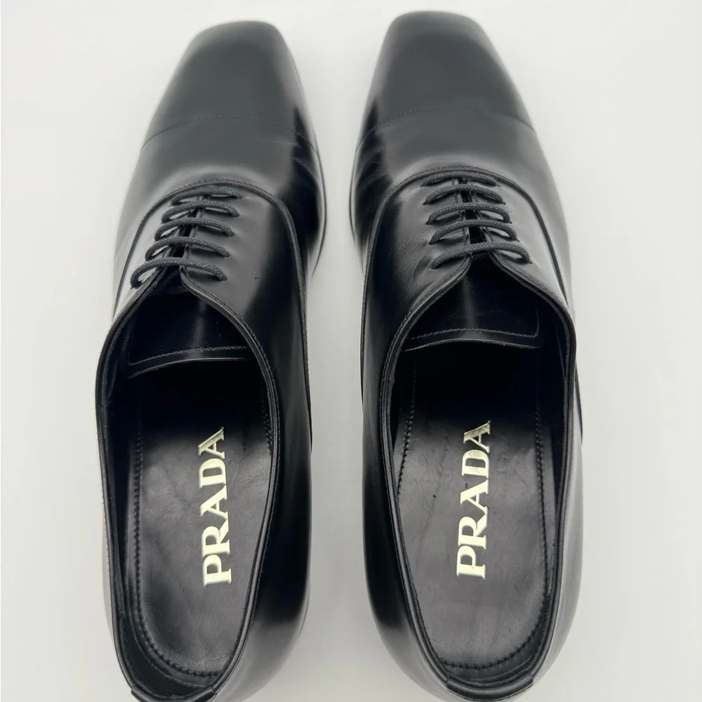 PRADA Black Leather Square Toe Lace Up Shoes UK 8.5 / US 9.5 - Picture 6 of 12